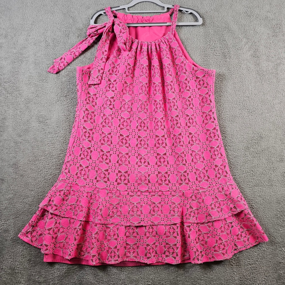 Trina Turk Pink Lace Jaunty Shift Dress XL Ruffle Hem Shoulder‎ Bow
